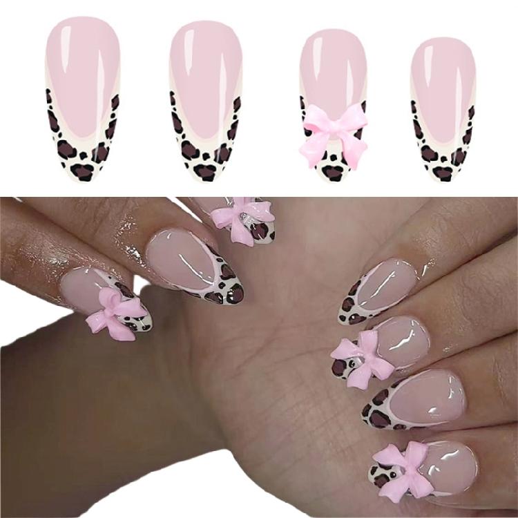 ABS Material Press On Nail Pack of 24 Animal Print Design Glossy Finish French Manicure Nail With Bows Accents