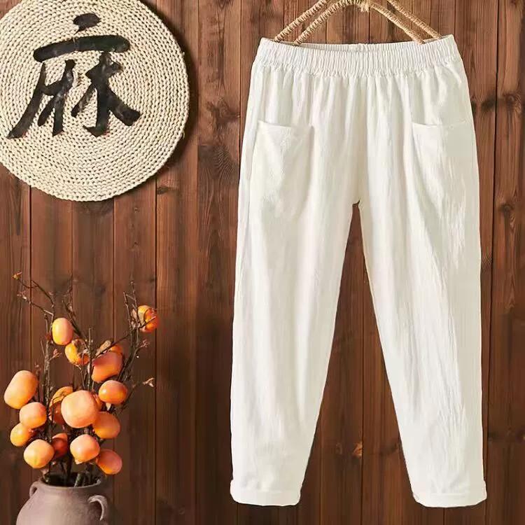 Women Loose Slim Cotton and Linen Pants Summer Thin Nine-Point Harem Pants Casual Straight Fit