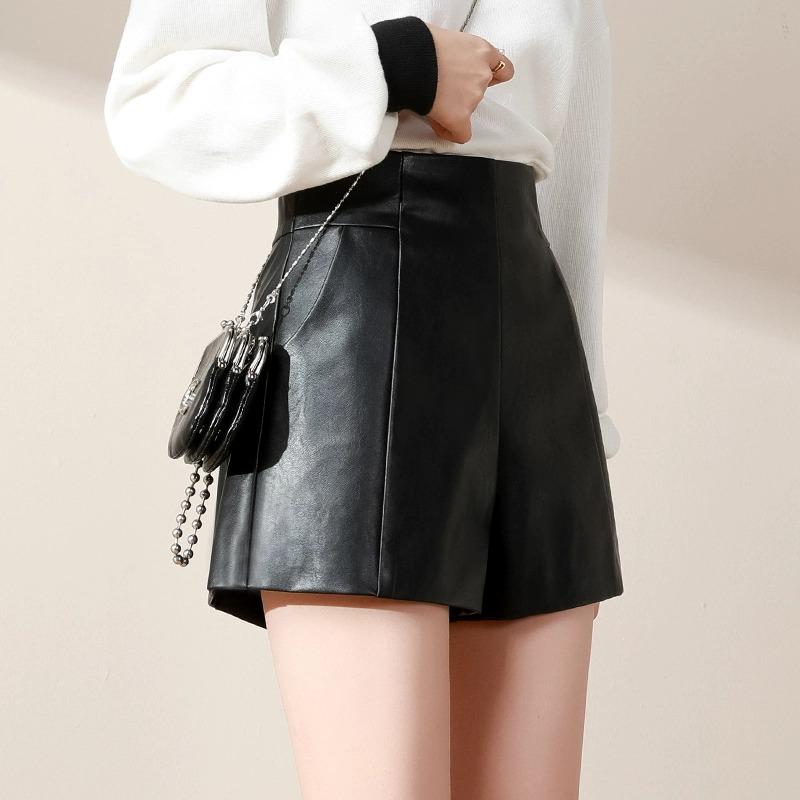 High Waist PU Leather Shorts - 2023 Autumn/Winter Slim Fit, Wide Leg Boot Cut, Loose Outerwear, Black