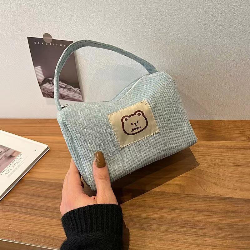Korean Cute Bear Corduroy Makeup Bag - Portable, Multi-functional, Fresh, Sweet Design for Women