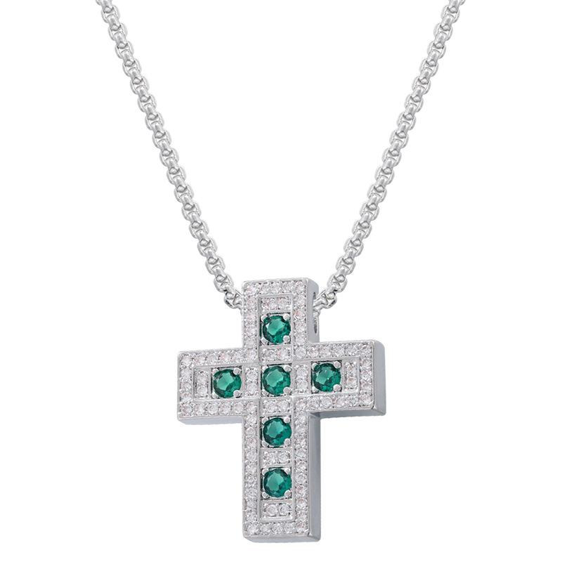 Light Luxury Copper With Colored Diamonds Cross Necklace Personalized Hip Hop Cross Pendant Collarbone Chain Vl390