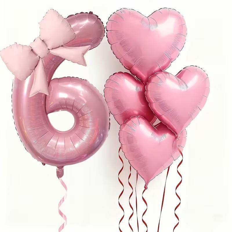 6/7Pcs Birthday Party Wedding Engagements Anniversaries Decor Pink Bow Heart Balloon With 32Inch Pink Number Foil Balloon