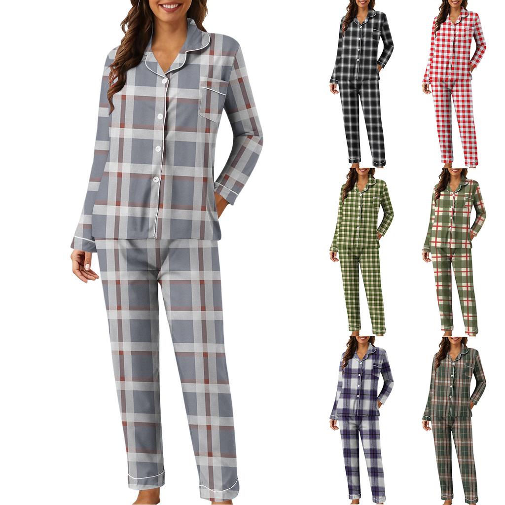 Women's Casual Fashion Plaid Patchwork Print Long-Sleeved Trousers Homewear Set
