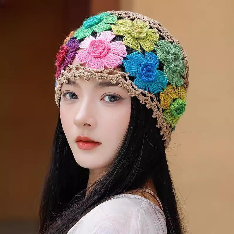 Spring and Autumn Handmade Hat Women's Pull Only Handmade Crocheted All Match Knitted Hat Women's Hollow Crocheted Wool Hat