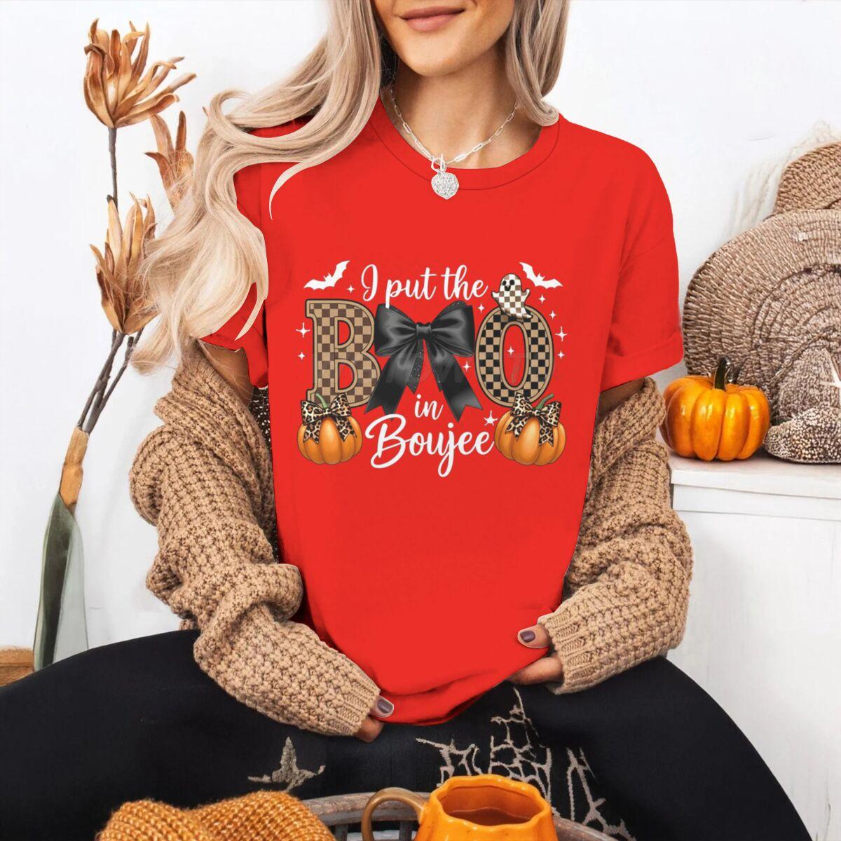 I Put The Boo in Boujee Graphic Tee Tops Coquette Halloween Classic Tshirts Spooky Season Fashion Tshirt Leopard Pumpkin Tops S