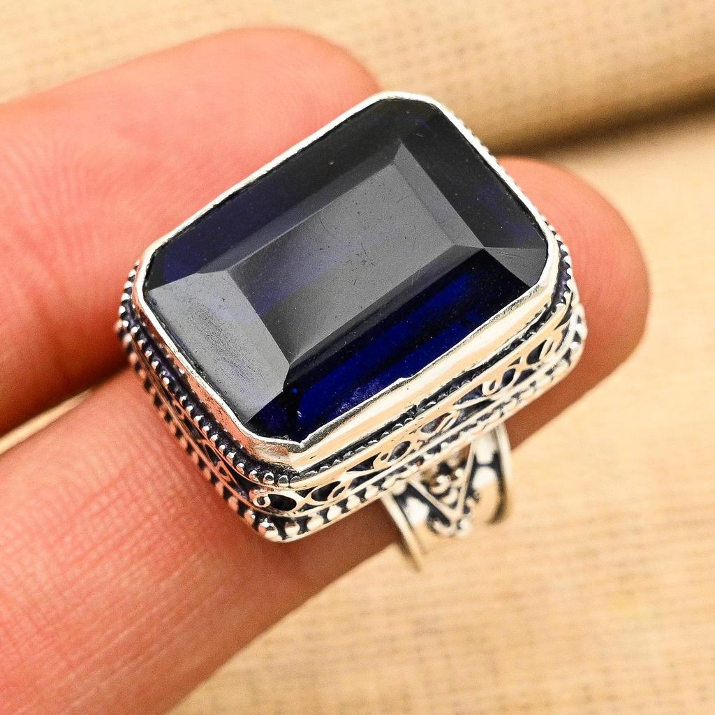 Underbar Blå Safir Ädelsten Handgjord Massiv 925 Sterling Silver Ring Smycke