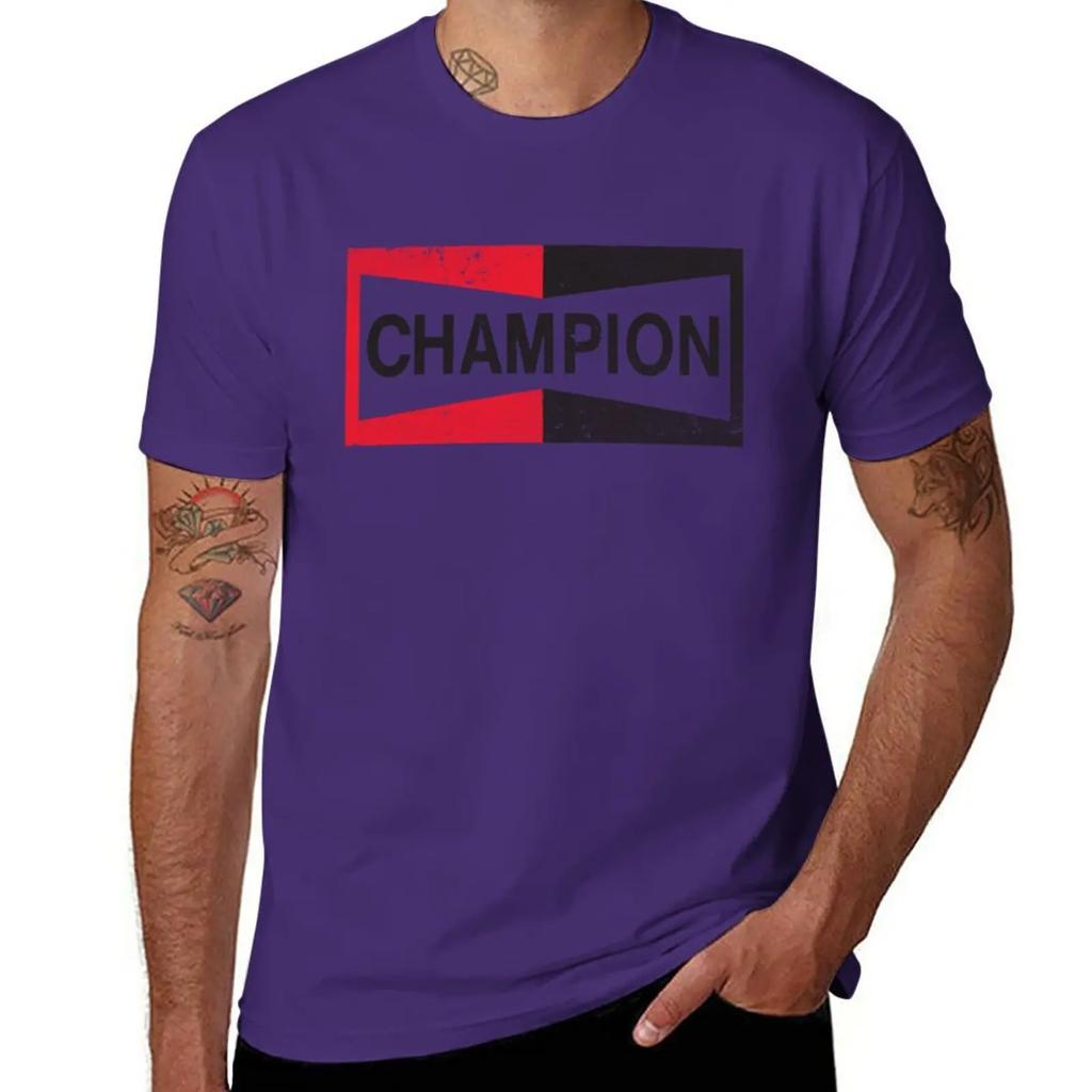 Summer Tops Tee Shirt Short Sleeve Fitted T Shirts for Men New CHAMPION - Spark Plug Retro Distressed Emblem - Cl T-Shirt Cotton