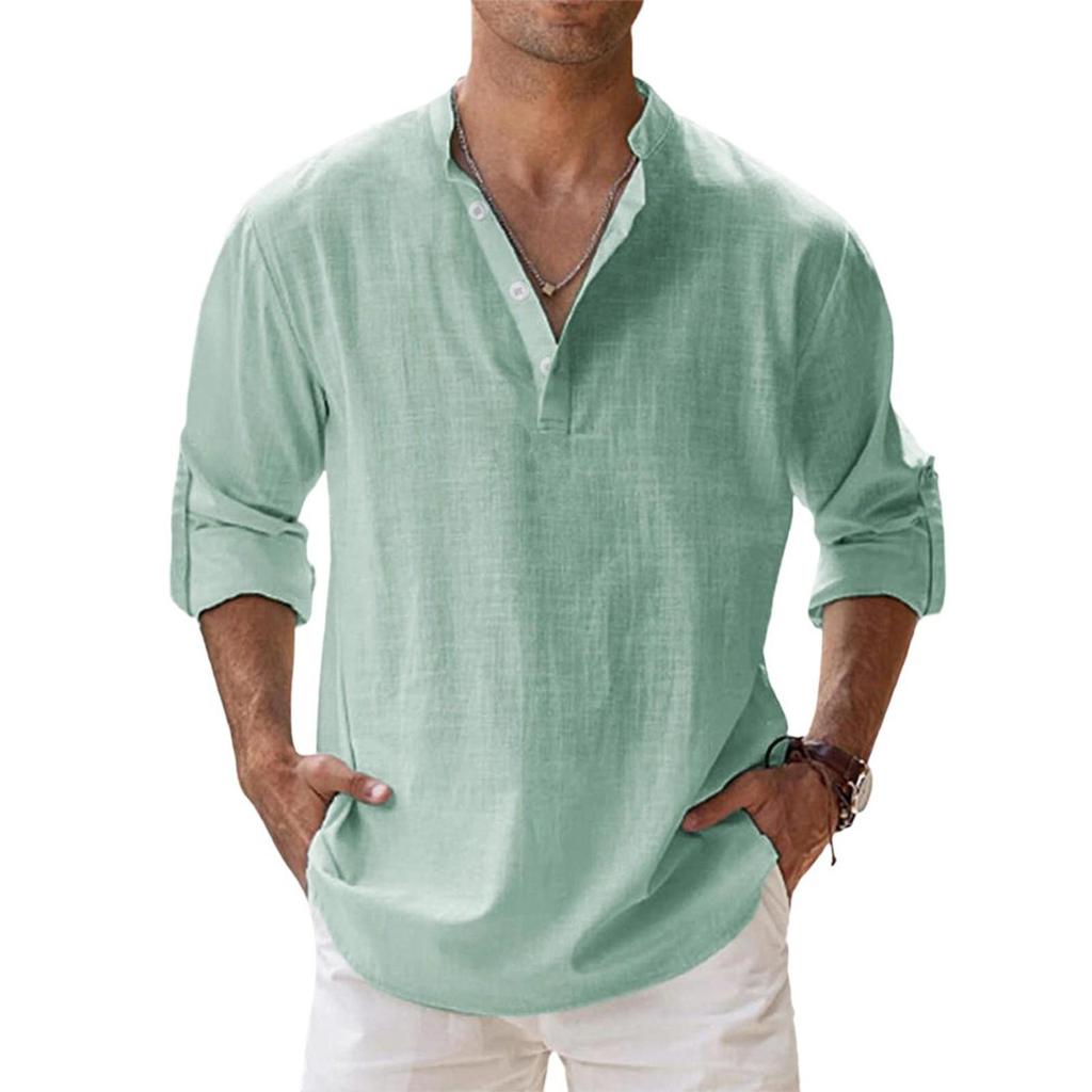 Men's Casual Loose Stand,up Collar Sweatshirt, Men's ,color Long,sleeved Cotton And Linen Shirt Top