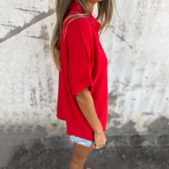 Women Shirt Lapel Short Sleeve Buttons Placket Shirt Tops Solid Color Loose Fit Thin Office Casual Shirt