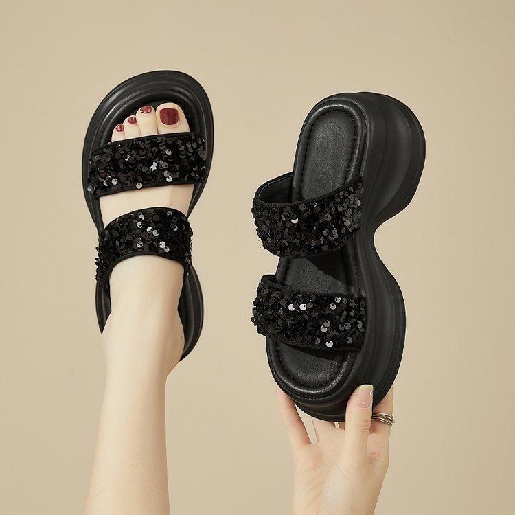 Cool slippers women's summer outer wear 2025 new one-word drag muffin thick-soled heightening sequins fashionable outer wear sandals