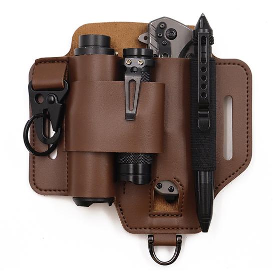 Multitool Belt Sheath Faux Leather EDC Belt Organizer 3 Pockets Belt Pouch with Flashlight Holder Pen Holder Keychain Clip for Men