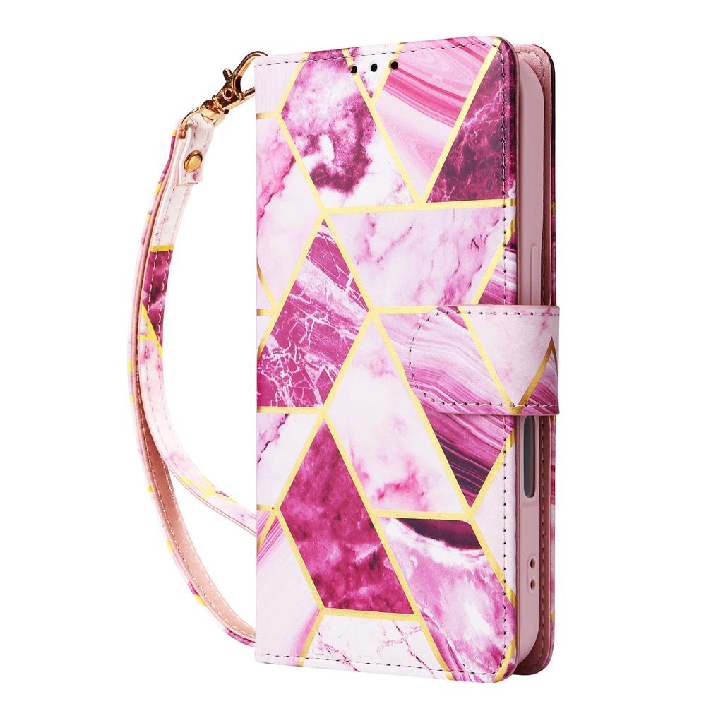 Applicable to iPhone16E mobile phone leather case 17Pro bronzing splicing marble card wallet holder portable rope