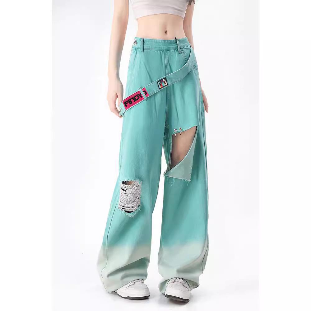 Damen Sommer Retro Mintgrüne Weitbeinige Zerrissene Jeans