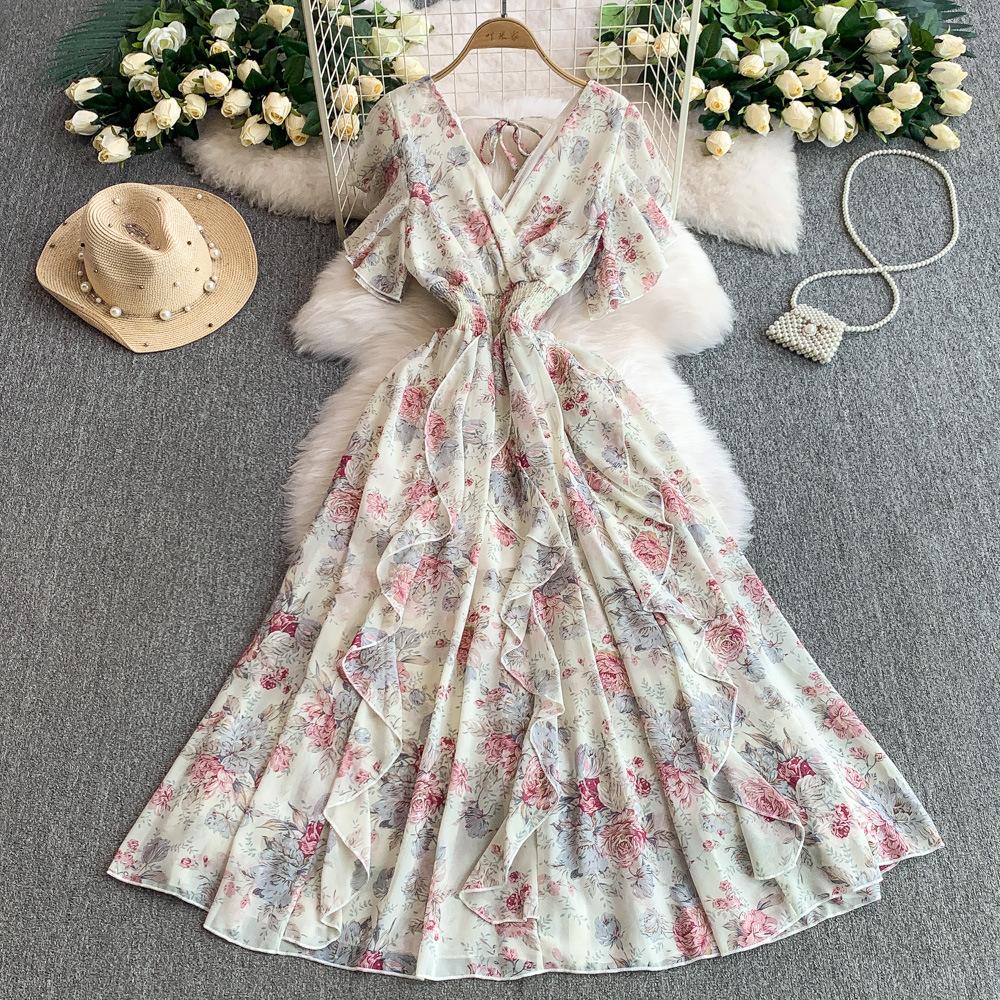 French Retro Coffee Break Floral V-neck Short-sleeved Dress for Women's Summer Waist and Thin Ruffle Edge Big Swing Long Skirt