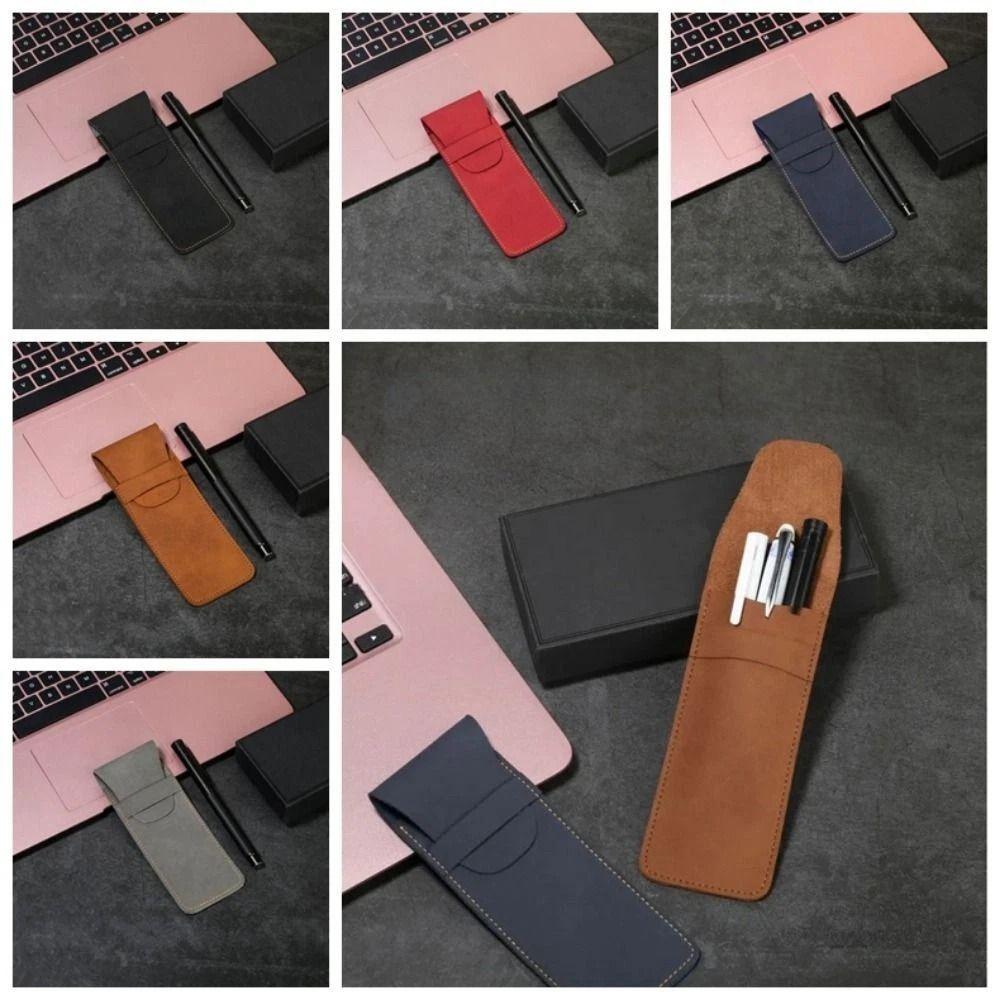 Portable Vintage Leather Pen Case Mini Protective Pen Bag Minimalist Flip Stationery Organizer Bag For Women Men Business Travel