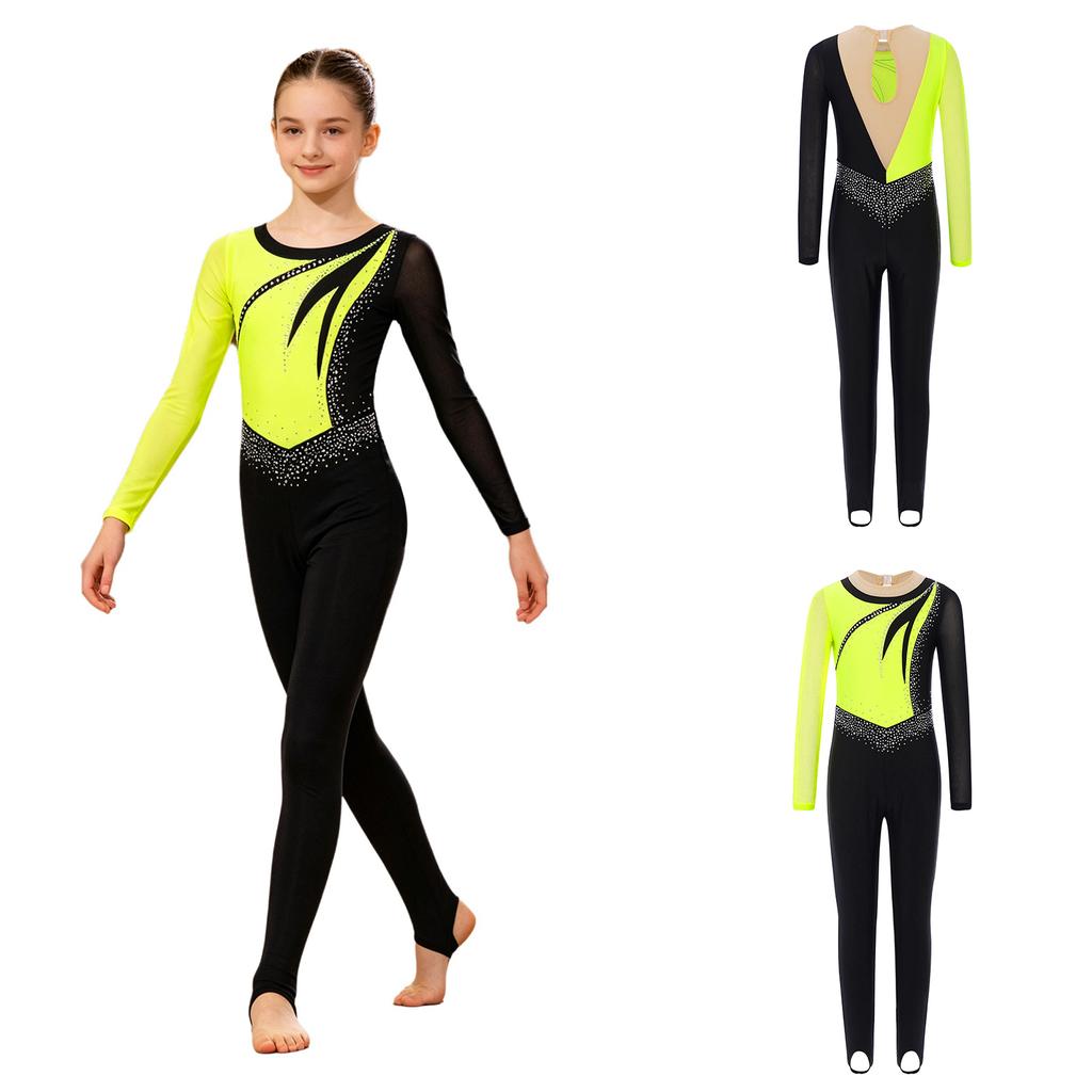 Tuta da Esibizione per Ragazze Design Color Block Patchwork in Rete Manica Lunga Foro sulla Schiena Strass Abbigliamento da Danza