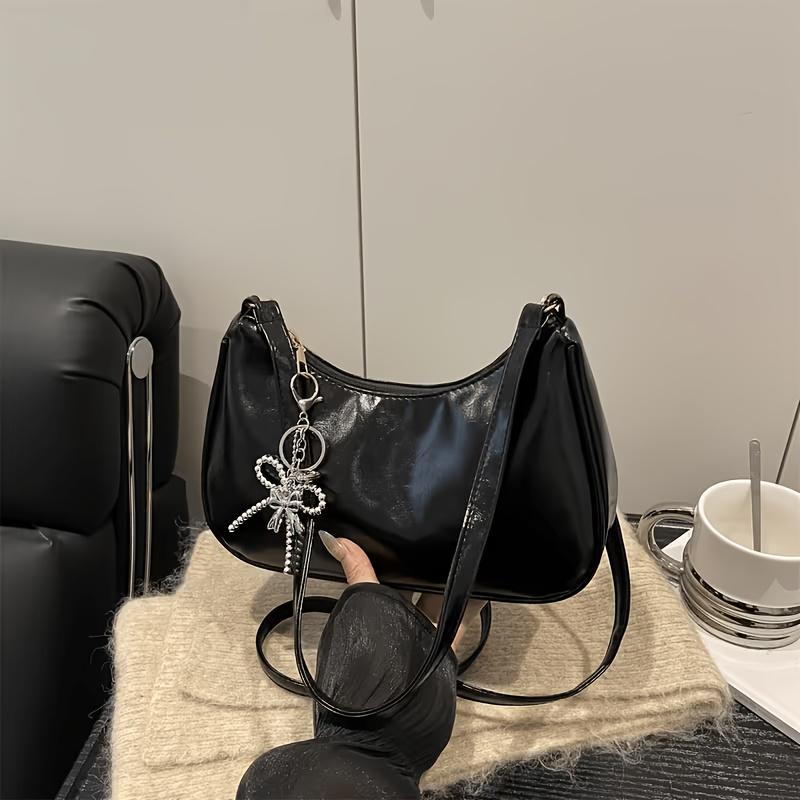2026 New Chic and Simple Trendy Chain Shoulder Bag, Half-Moon Shaped Bag with Bow Charm, Solid Color Crossbody Bag for a Sexy Girl
