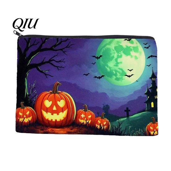 Festive Pumpkin Print Bag Halloween Storage Bag, with Ghost Pattern Design, Thickened Pencil Case Canvas Cosmetic Organizer, for Travel Stationery