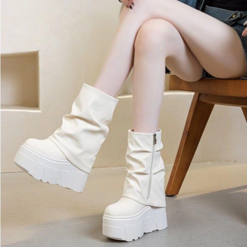 Height-increasing Shoes, Trouser Boots, Women's Soft Leather Thick-soled Waterproof Mid-calf Ankle Boots