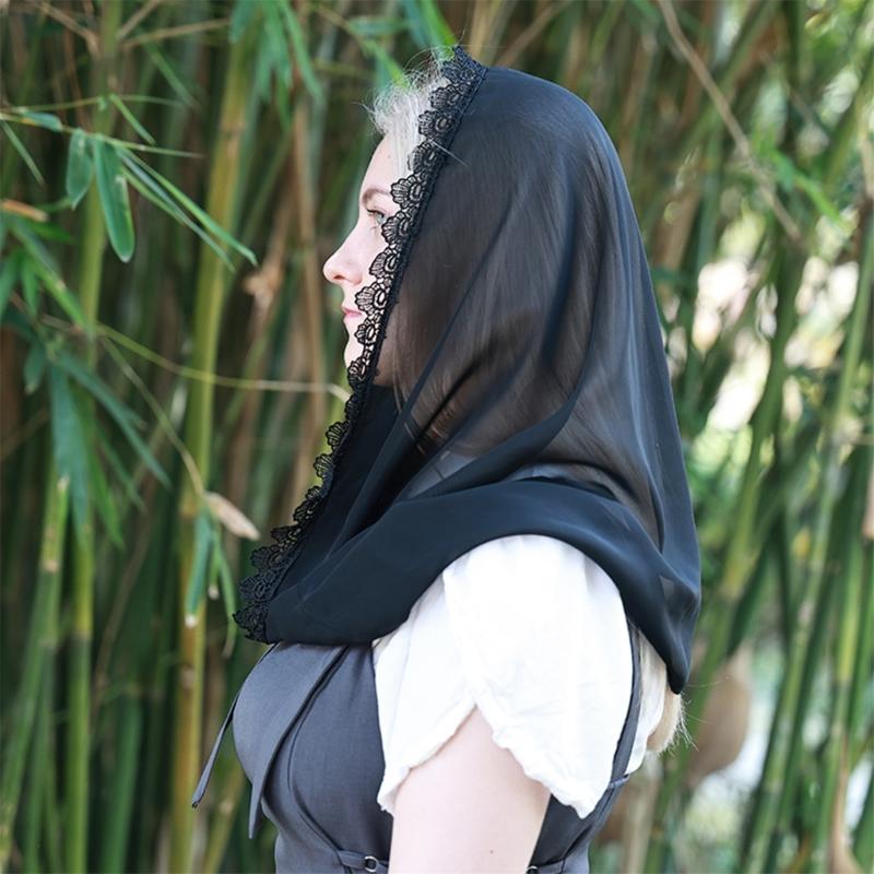 Stylish Black Chiffon Lace Wrap Elegant Women Headscarf Breathable Soft Scarf for Casual Outfits