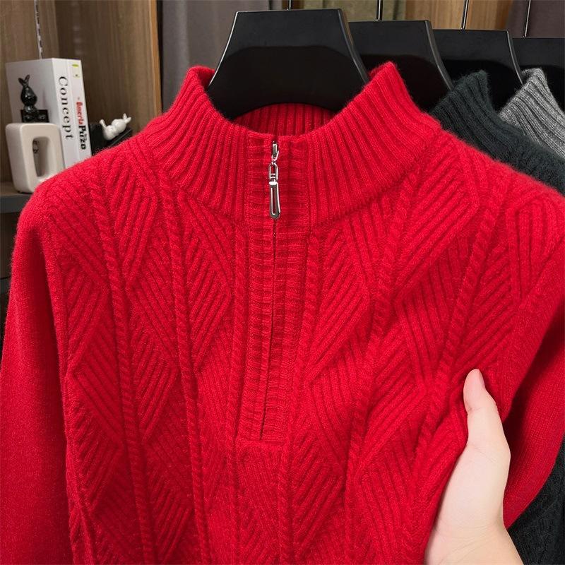 Mens Half Zip Thickened Pullover Knit Sweater Business Casual Warm Winter Bottoming Top
