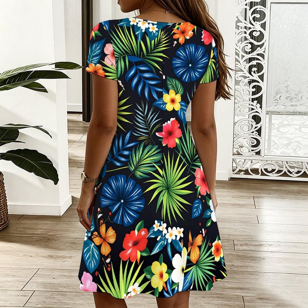 Ladies Plus Size V Neck Short Sleeve Dress Nature Floral Printed Loose A Line Dress For Spring And Summer Wear