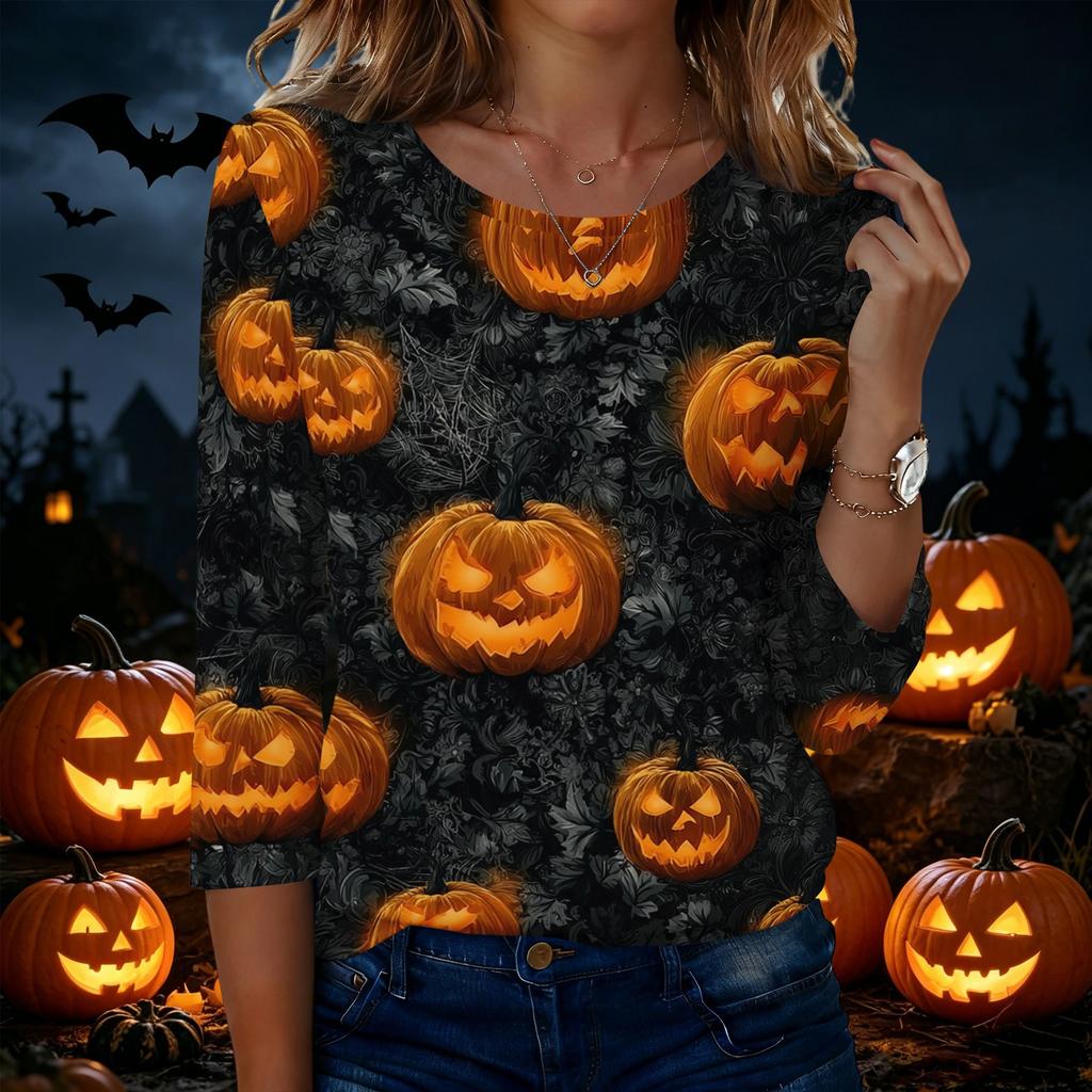 Women's Casual Halloween Print Round Neck Three Quarter Sleeve T Shirt Top Lightweight Comfortable Fit