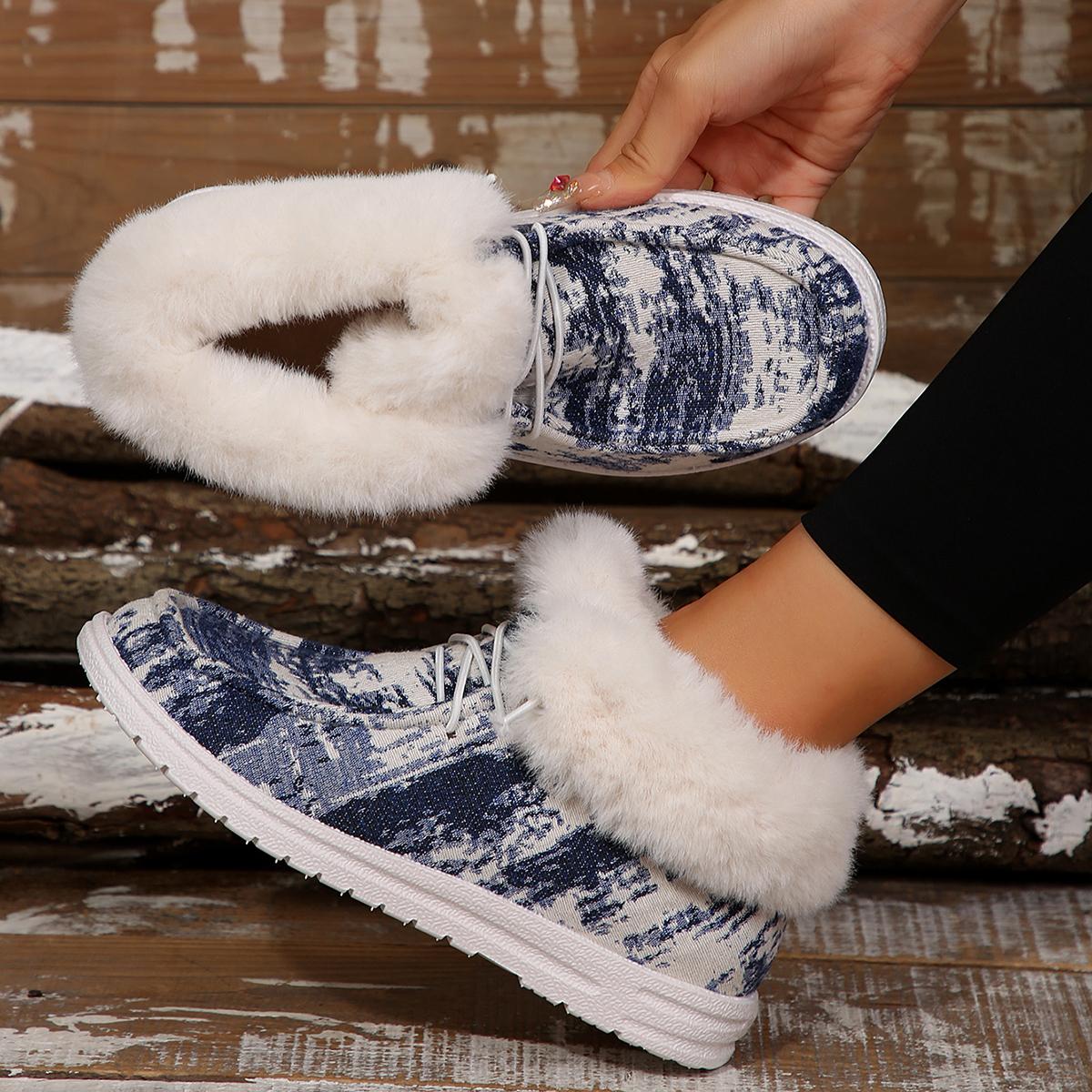 

Модные женские плюшевые зимние ботинки с принтом, уютные слипоны, пушистые парусиновые туфли для женщин, модные уличные теплые ботильоны для женщин, женские ботинки 36 синий