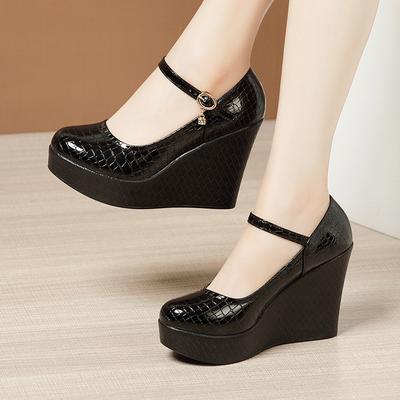 High Heels Große Größen 32-43 Plateau Keilabsatz Damen Pumps Damen Lackleder Schnalle Knöchelriemen Brautschuhe Schwarze Arbeitsschuhe