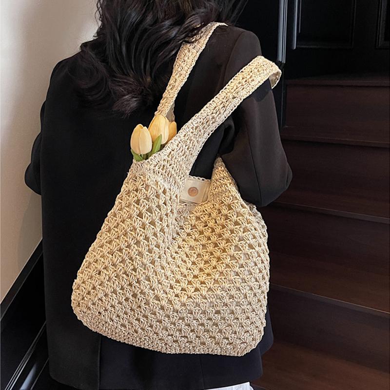 Yogodlns Casual Woven Straw Bag Large Capacity Fashionable Shoulder Beach Vacation Bag for Spring Summer Shopper Handbag Totes
