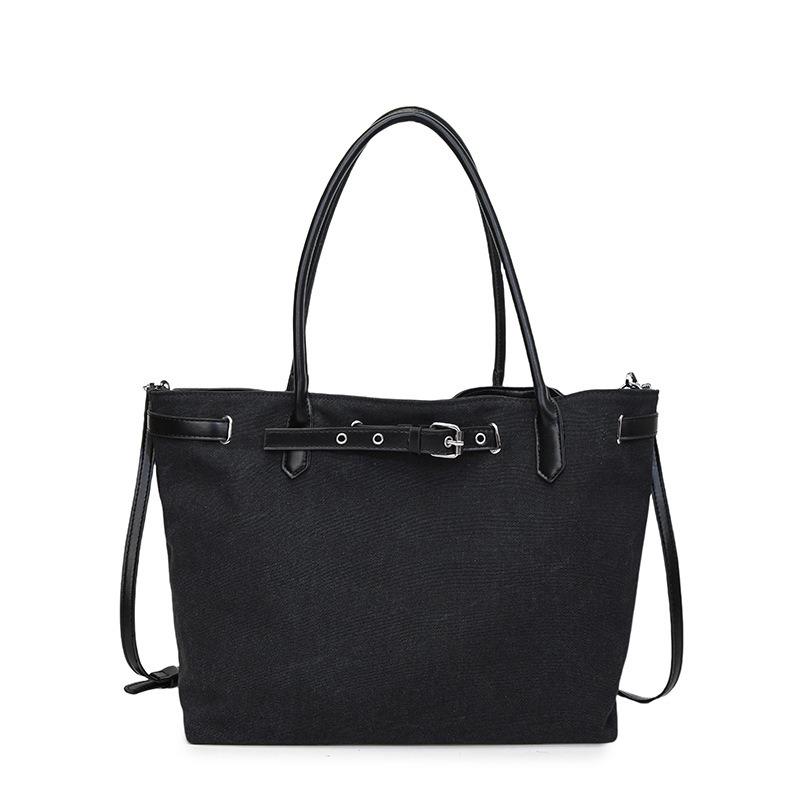 Simple canvas tote bag large capacity belt buckle lazy style casual splicing contrasting color portable shoulder bag