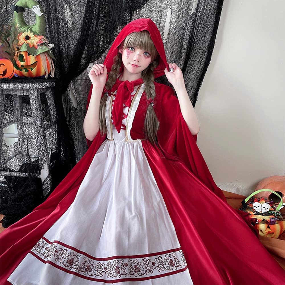 Longpen Lolita Dress, Little Red Riding Hood with Cape, Women's, Adult, Red, Alice, Halloween, Maid Outfit, Gothic, Cosplay, Romantic, Christmas, Part