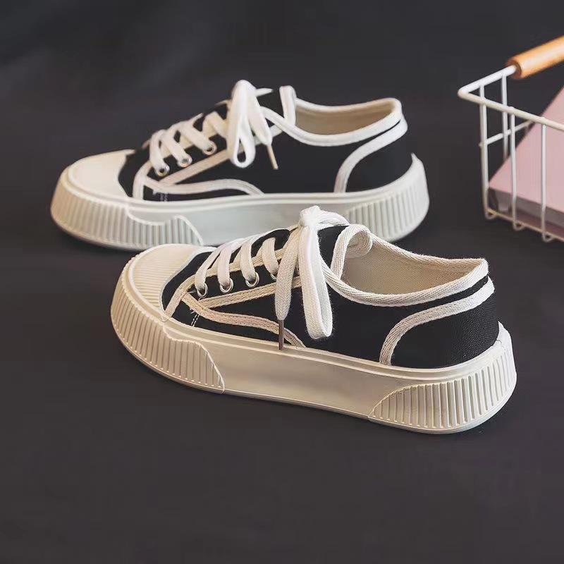Thickened bottom women's lace-up biscuits canvas shoes flat bottom shallow mouth low-top female student board shoes casual muffin white shoes
