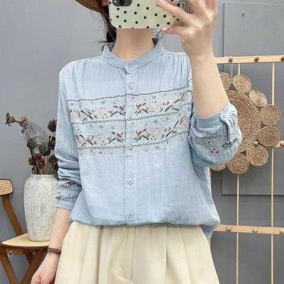 Elegante Top de Algodón Retro de Doble Capa de Gasa con Cuello Alto Bordado y Manga Larga para Mujer