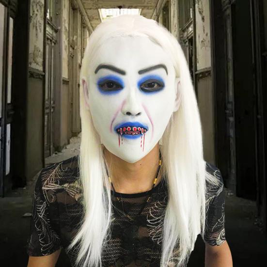 Halloween Horror Grimace Ghost Masque Scary Full Head Latex Zombie Masque with Hair Creepy Halloween Party Cosplay Costume