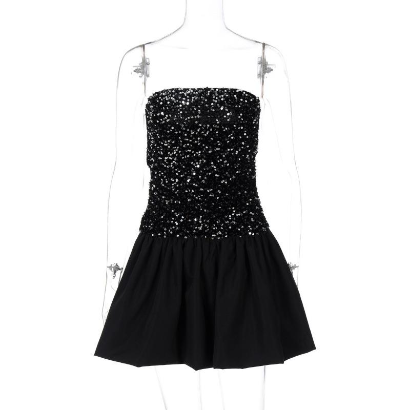 Women's Spring Sexy One-shoulder Strapless Short Dress Sequined Fashion Dress