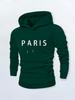 Simple Solid Color PARIS Letter Hooded Sweater, Navy Blue Basic Men's Casual Shoulder Hoodie High Street