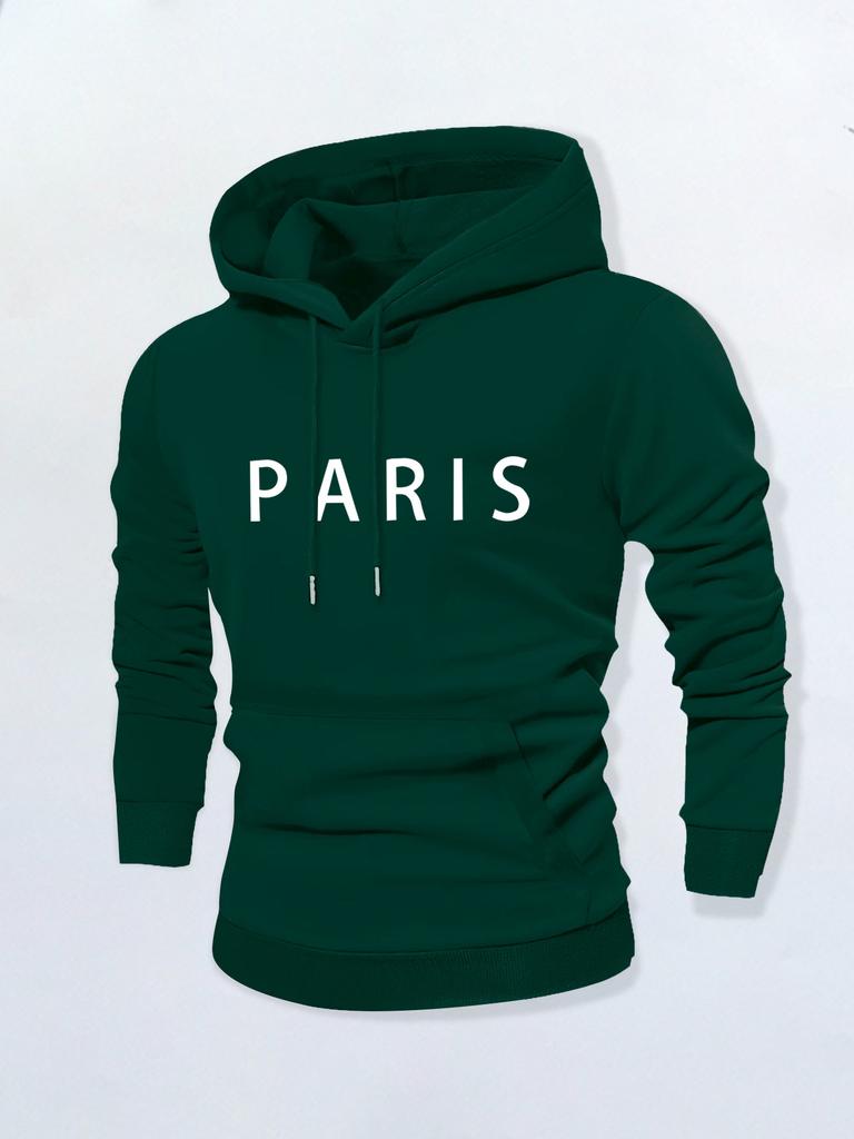 Simple Solid Color PARIS Letter Hooded Sweater, Navy Blue Basic Men's Casual Shoulder Hoodie High Street