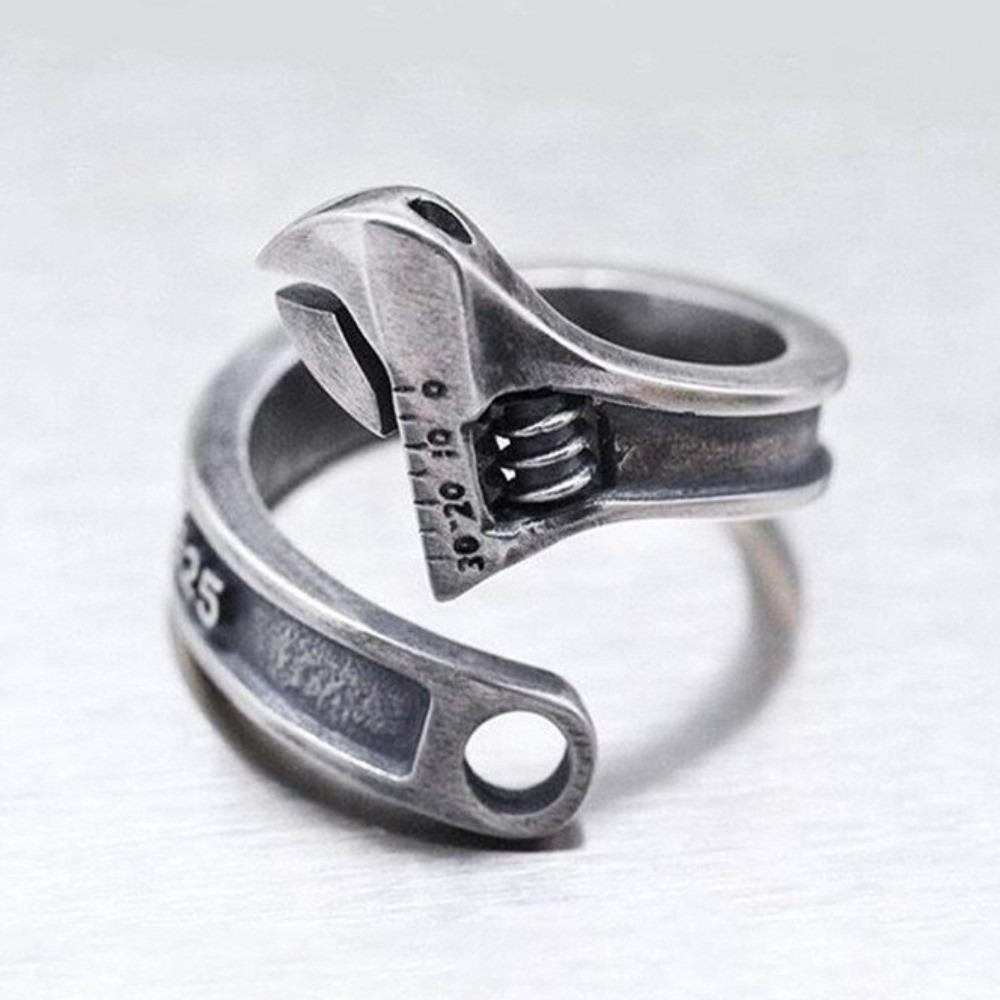 Heavy Duty Spanner Finger Ring Silver Plated Biker Jewelry Wrench-Shaped Open Ring Boys Girls