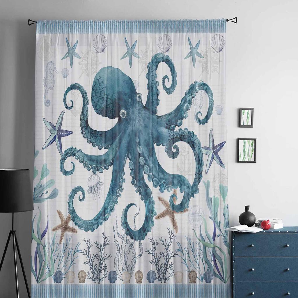Summer Marine Life Coral Sea Turtles Window Tulle Curtains for Living Room Bedroom Hotel Luxury Decoration Sheer Curtains