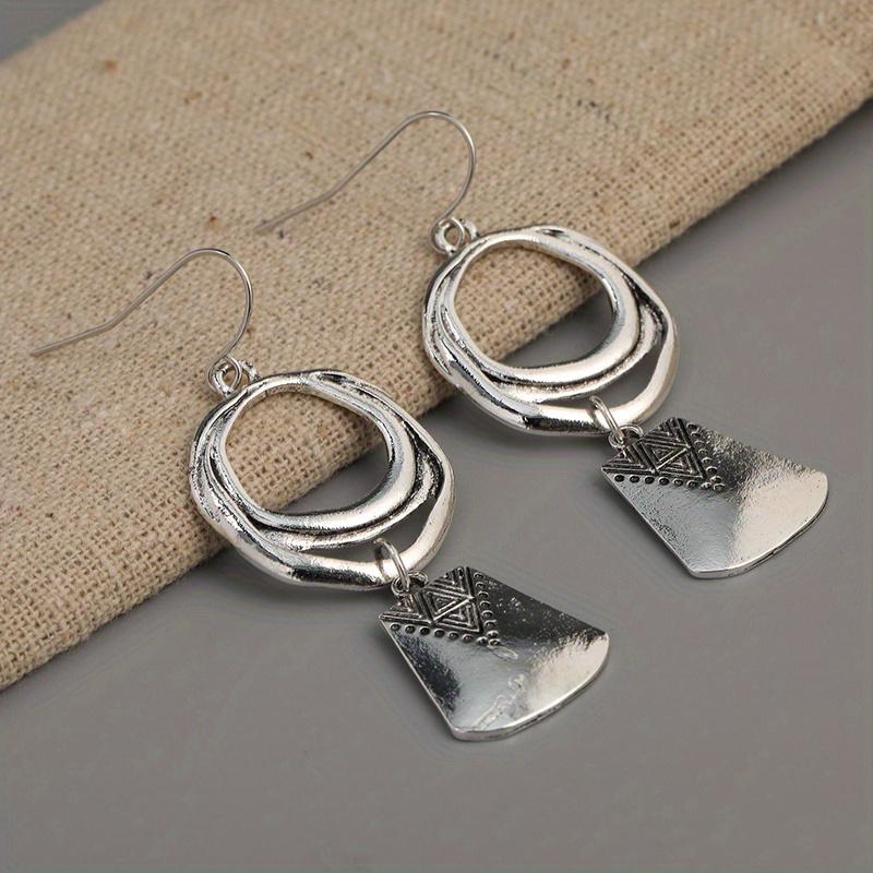 Bohemian Style Silver Plated Geometric Dangle Earrings with HollowCircle Design