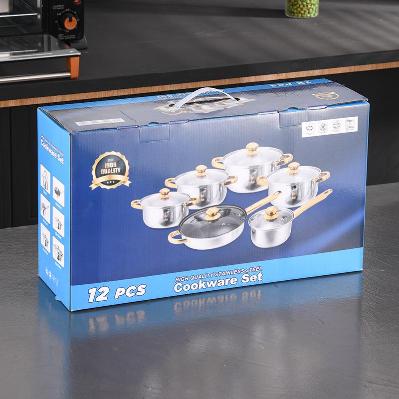 Stainless Steel Blue Pot Set, Gold Handle Six-piece Set, Soup Pan, Milk Pan, Frying Pan, Wok, Cookware