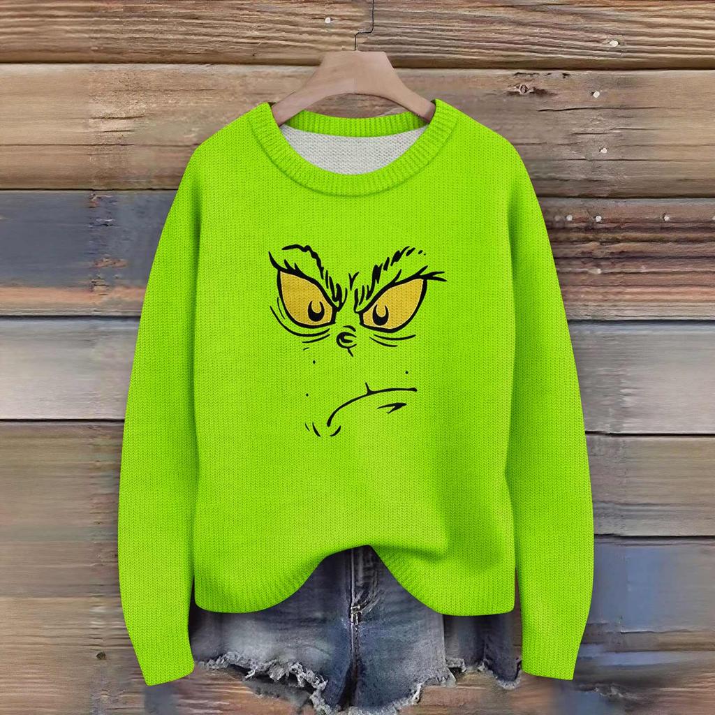 Long Sleeve Pullover Sweaters For Women O Neck Casual Cute Printing Knit Oversized Sweater