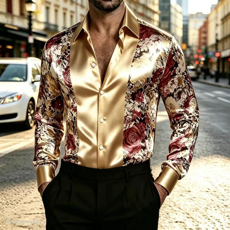 Satin Silk Long Sleeved Printed Men's Shirt Slim Fit Party Nightclub Casual Formal Shirt, 2026 New Model, Plus Size Top
