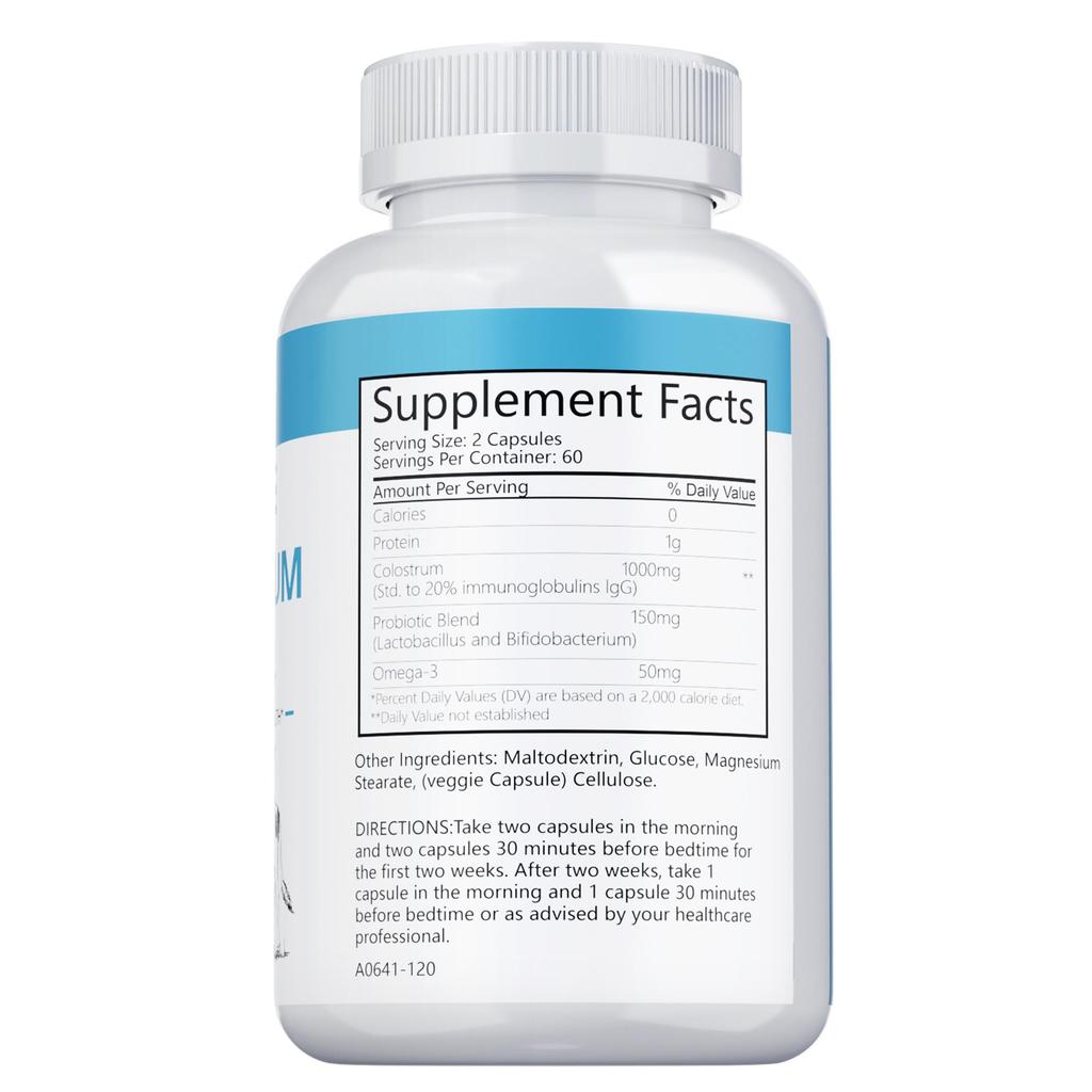 Bovine colostrum dietary capsules, high purity, immunoglobulins, boosts immunity, suitable for adults.