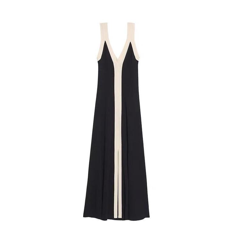 Contrast Spliced Halter Maxi Dress For Women V Neck Backless Front Split Ladies Holiday Robe