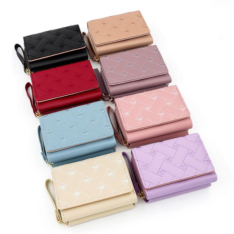 Women'S Wallet Tri Fold Card Bag Pu Multi Objects Pocket Short  Embroidered Love Pattern Korean Minimalist