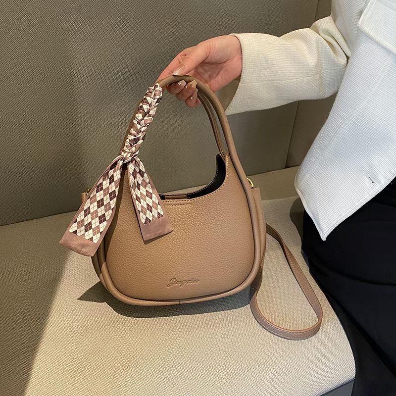 Women's Round Textured Silk Scarf Handbag - 2025 Soft Leather Crescent Style, Fashion Lychee Grain Shoulder Bag