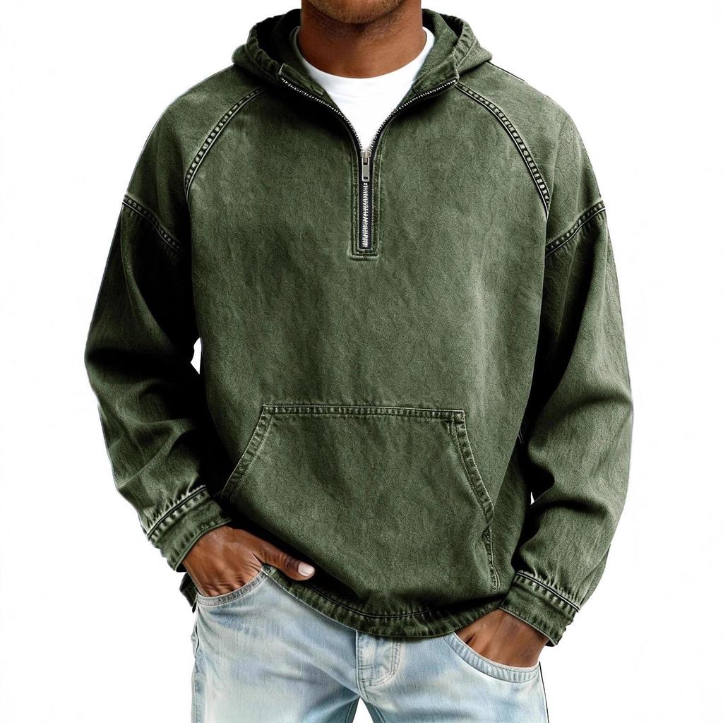 Men's Washed Old Solid Color Loose Half-Zip Hoodie with Hood - Autumn/Winter 2025 Collection