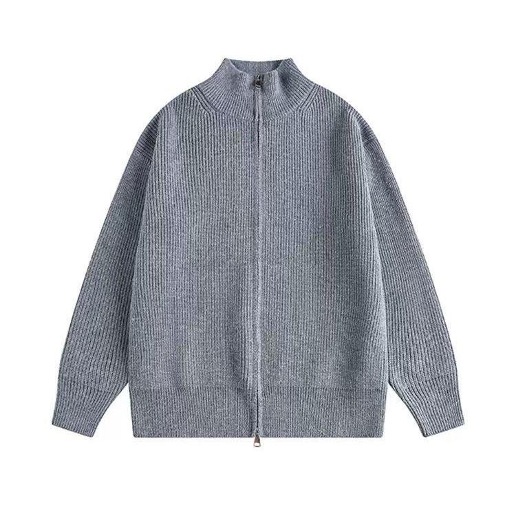 Men's Stand Collar Knitted Cardigan Sweater - Winter Trend, Loose Fit, Solid Color, Zipper Closure